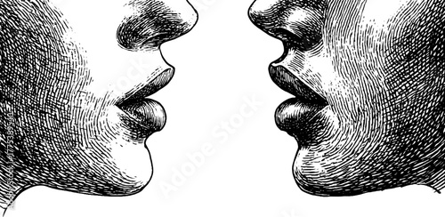 Artistic engraving of overlapping silhouettes in profile for vintage design