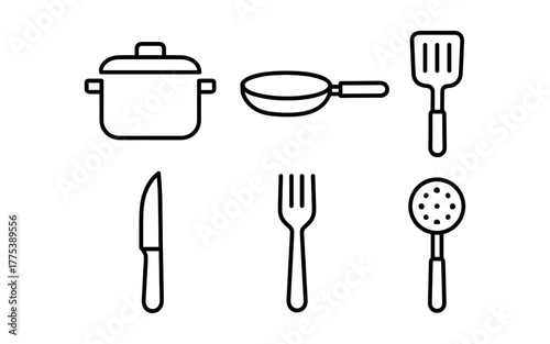 Simplistic line art kitchen utensils collection for culinary design projects