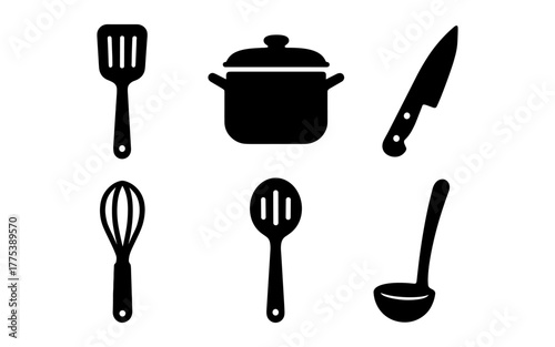 Silhouette kitchen utensils set: knife, pot, ladle, whisk, spatula icons