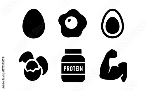 Silhouette icons of eggs, avocado, protein, and fitness elements