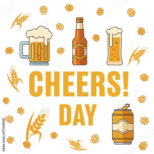 A festive illustration celebrating 'Cheers Day' with various beer containers and ingredients.