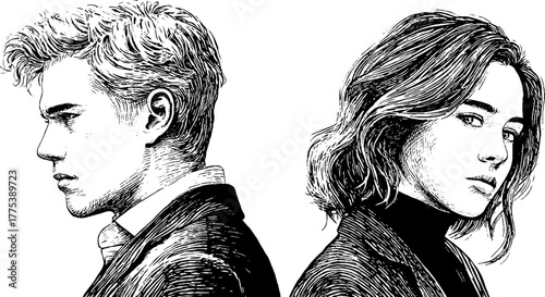 Emotional distance between two people standing back to back - hand drawn vintage engraving
