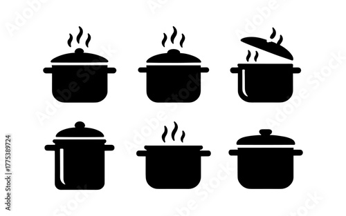 Simple silhouette icons of cooking pots with lids and steam for kitchen designs