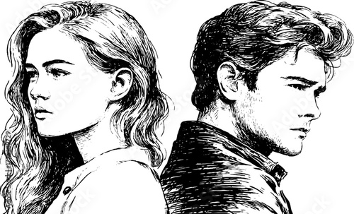 Emotional distance between two people standing back to back in vintage engraving
