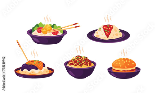 Selection of Asian and American Food Dishes with Steam Illustration