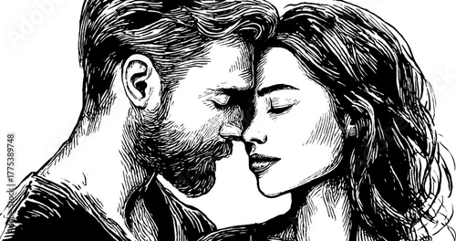 Romantic connection: vintage sketch of two people with overlapping auras for retro design