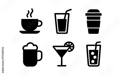 Icon set of popular drink silhouettes featuring coffee, cocktails, and juice
