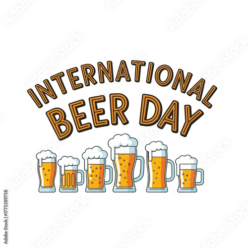 Illustration of International Beer Day with various beer mugs and frothy foam, celebrating the beverage.