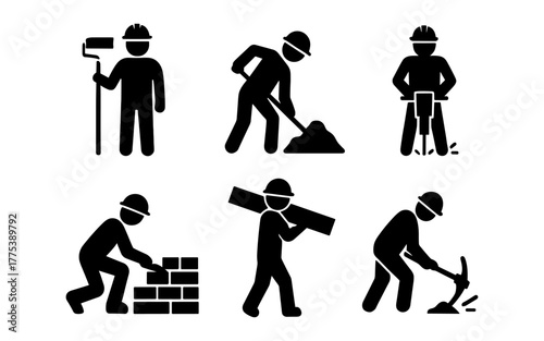 Construction worker silhouettes engaged in various manual labor activities