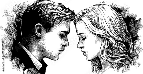 Intimate connection: vintage hand-drawn engraving of two people with overlapping auras