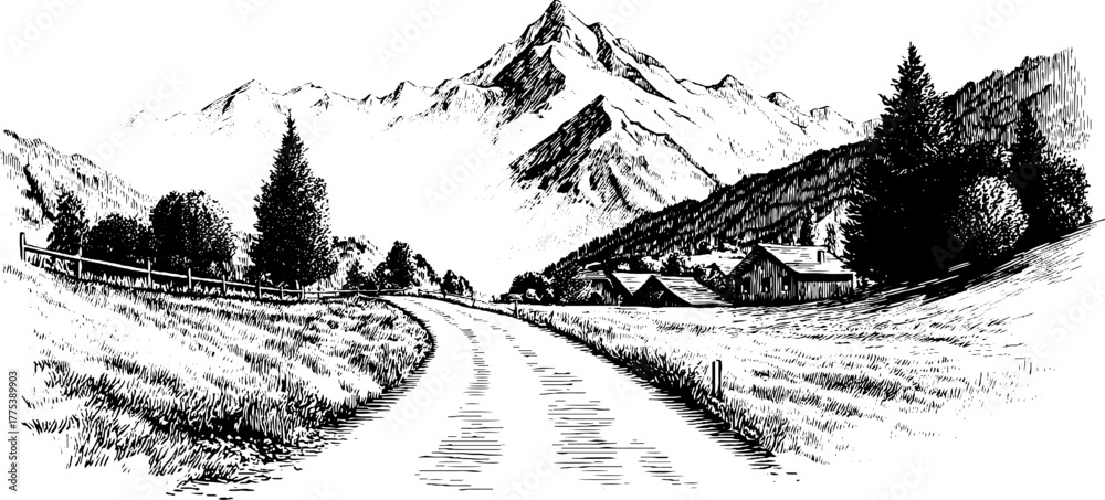 Obraz premium Vintage landscape with mountain and pathway in retro engraving style