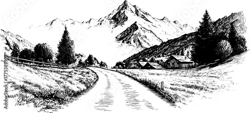 Vintage landscape with mountain and pathway in retro engraving style