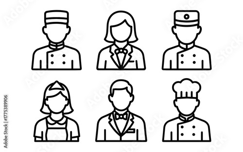 Minimalist icon set of hospitality staff in uniforms for hotel and restaurant services