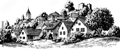 European village with small houses and rooftops in vintage hand-drawn engraving style