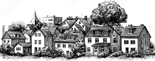 Charming european village scene with vintage small houses and rooftops for design