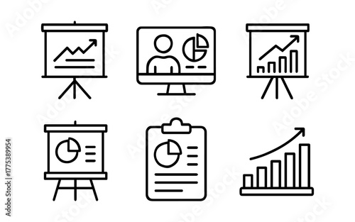 Linear icons of business presentations and data analysis charts