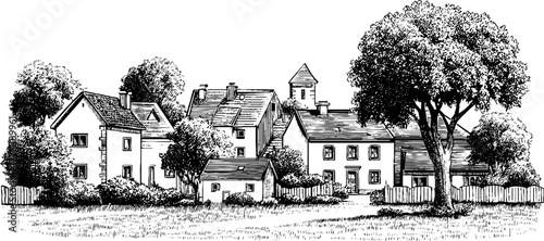 Charming european village with quaint houses and rooftops - vintage hand drawn engraving for design