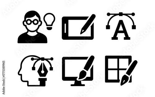 Creative design icons set featuring tools for graphic artists and illustrators