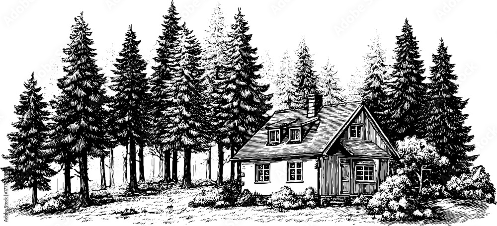 Fototapeta premium Rustic forest house surrounded by pines in vintage engraving style for retro design