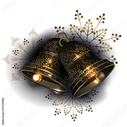 Merry Christmas. 2026. Isolated golden bells with exquisite snowflakes.