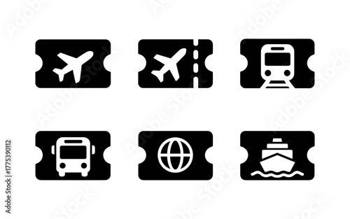 Minimalist black icons for travel tickets featuring plane, train, bus, globe, and ship