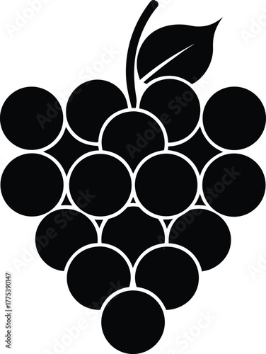 Black Minimalist Grape Bunch Silhouette Icon with Leaf