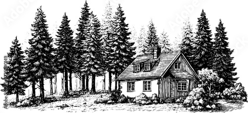 Rustic forest house surrounded by pines in vintage engraving style for retro design