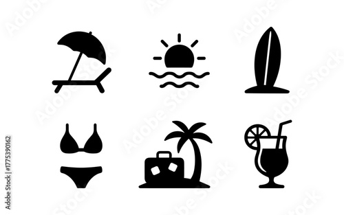 Minimalist summer beach icons: umbrella, sun, surfboard, bikini, palm tree, cocktail