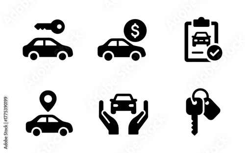 Car rental icons set with keys and checklist elements in simple style