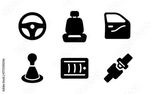 Automotive icons: steering wheel, seat, door, gearshift, screen, seatbelt in silhouette design