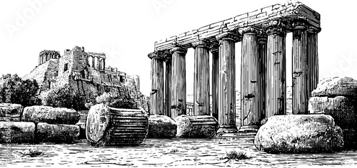 Ancient greek ruins with columns in vintage engraving style for historical art and design
