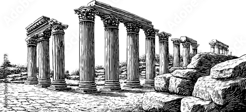 Ancient greek columns in ruins - vintage black and white engraving illustration for historical design