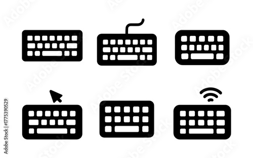 Keyboard icons set: wired, wireless, and interactive designs