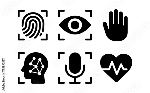 Biometric identification icons: fingerprint, eye, hand, brain, microphone, heartbeat