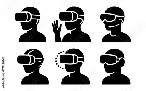 Virtual reality icons set: silhouette heads with vr headsets and accessories