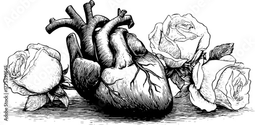 Romantic floral heart composition in vintage engraving style