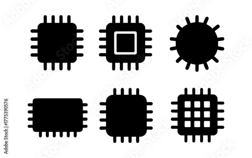 Set of silhouette microchip icons for technology and electronics design