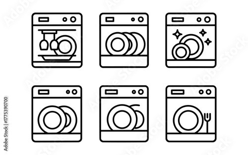 Minimalist line art dishwasher icons with clean dishes and glasses