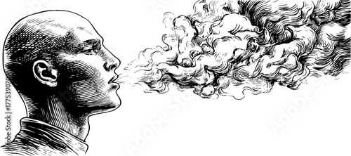 Human silhouette dissolving into smoke vintage engraving