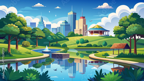 Very beautiful Penn Valley Park and lake in Kansas City, Missouri, USA, featuring tranquil water reflections, lush greenery, and a peaceful cityscape backdrop under a clear blue sky.