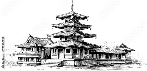 Japanese pagoda with tiered roof in vintage engraving style for design