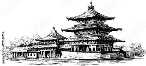 Japanese pagoda with tiered roof in vintage engraving style