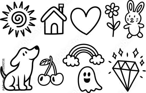 Collection of cute doodle icons including sun house heart and animals