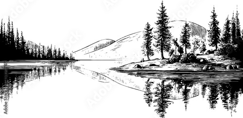 Tranquil lake reflection with trees and hills in vintage engraving style for nature design