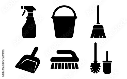 Cleaning tools icon set: spray bottle, mop, bucket, broom, brush, dustpan, toilet brush