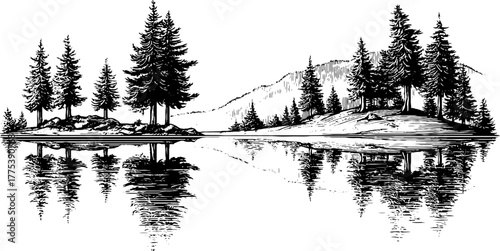 Serene lake reflection with trees and hills in vintage engraving style for art and design