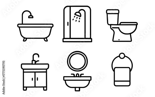 Minimalist bathroom icons set featuring tub, shower, toilet, sink, mirror, and towel holder