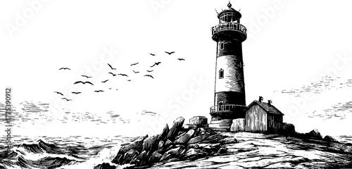 Vintage lighthouse on cliff with waves below in engraving style for nautical decor