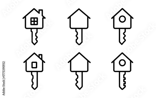 Minimalist line art key and house icons set for real estate and home security concepts