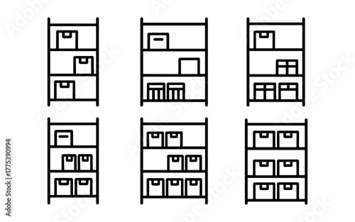 Simple linear shelving units with boxes and storage containers in black and white